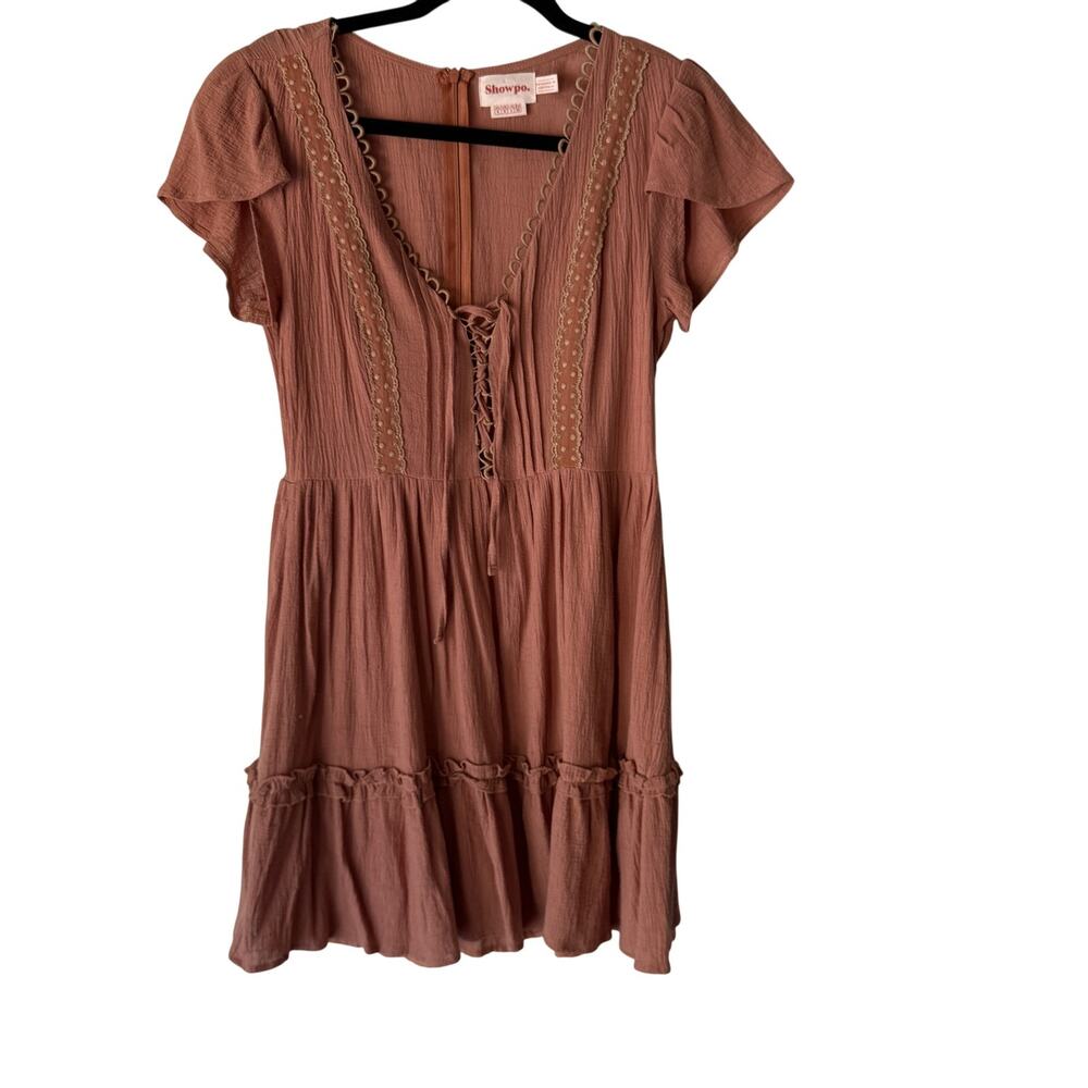 Showpo Dress Festival Small Pink Mauve Boho Flutter Sleeve Lace Up Mini Casual
